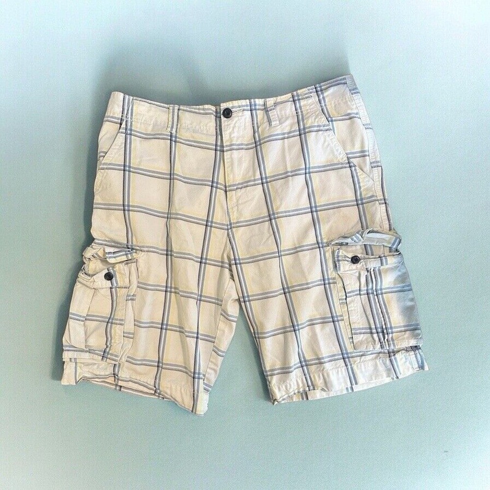 Men's Old Navy Broken In Cargo Style Blue Plaid Leg Pocket Cotton Shorts Size 34